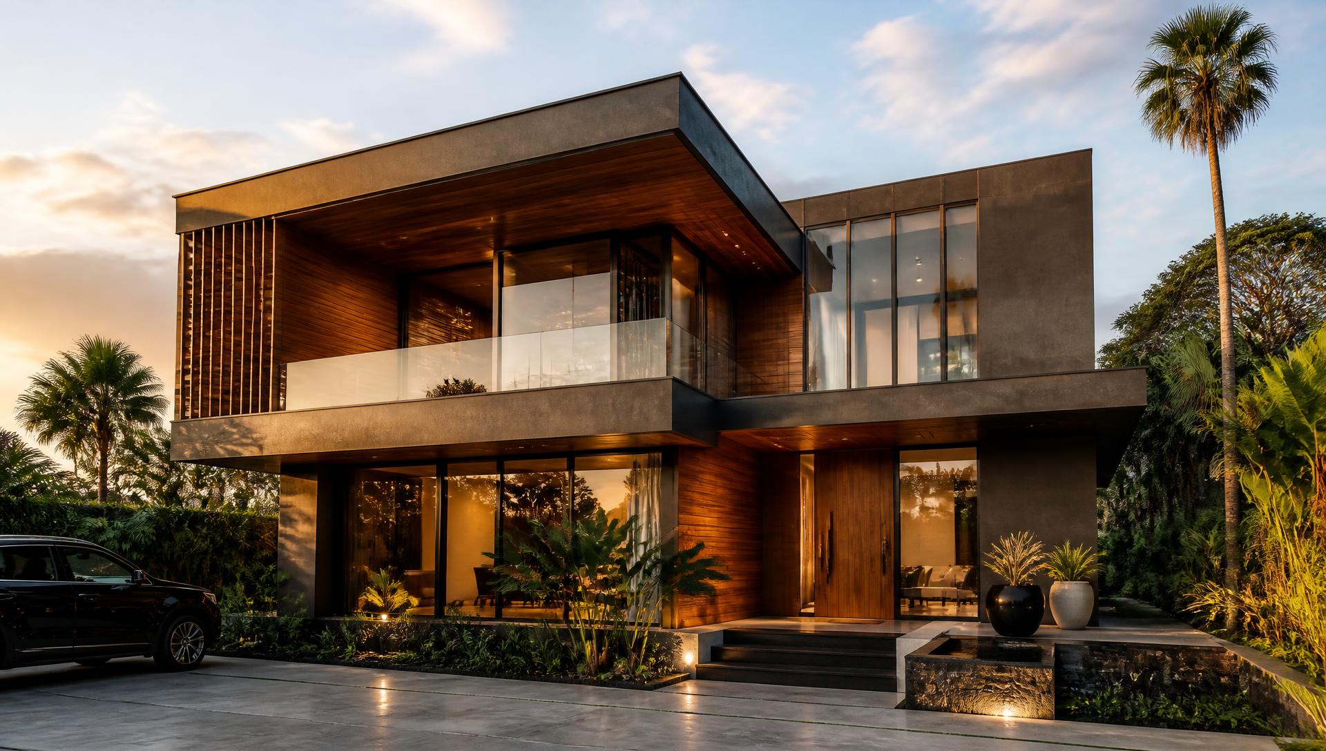 Villa moderne en bois et béton à Kinshasa au coucher du soleil